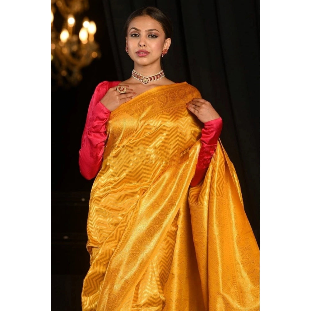 Women's Soft Lichi Silk Woven Saree With Unstitched Blouse 5.5 Mtr (Yellow)
