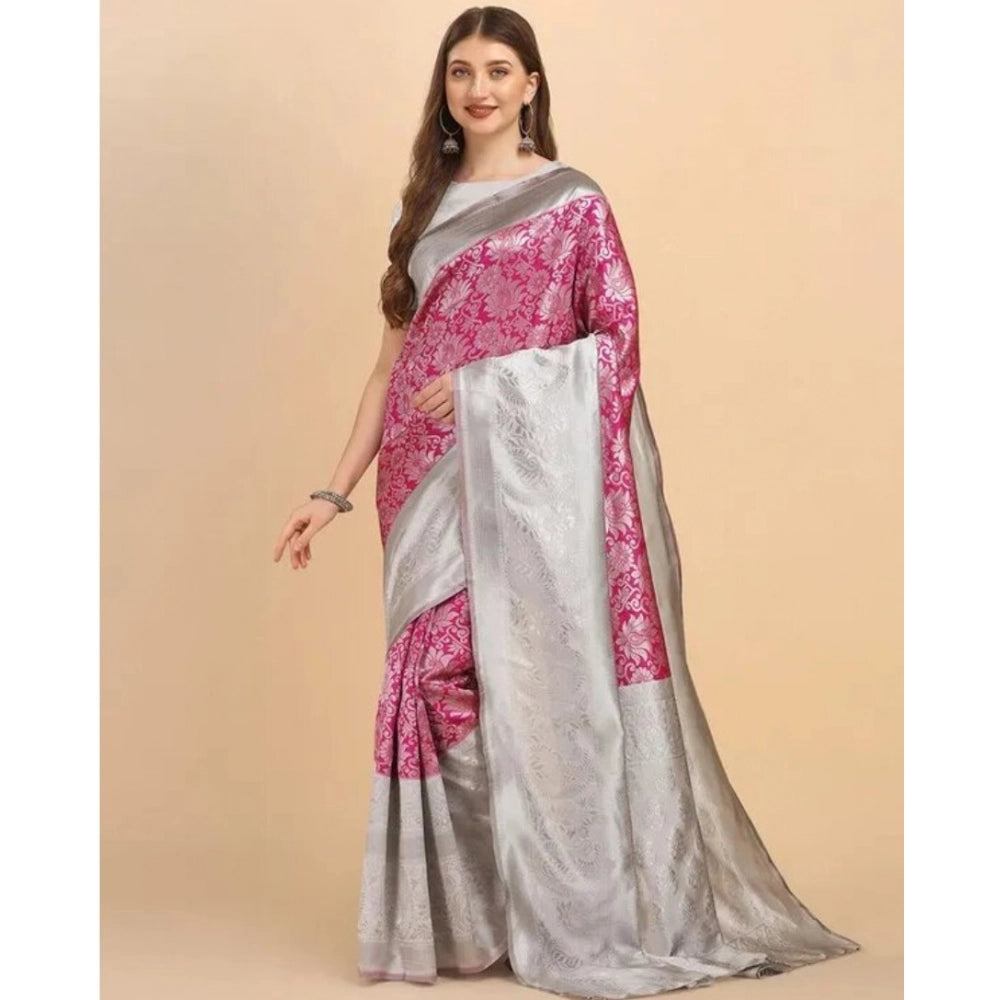 Women's Soft Lichi Silk Printed Saree With Unstitched Blouse 5.5 Mtr (Pink)