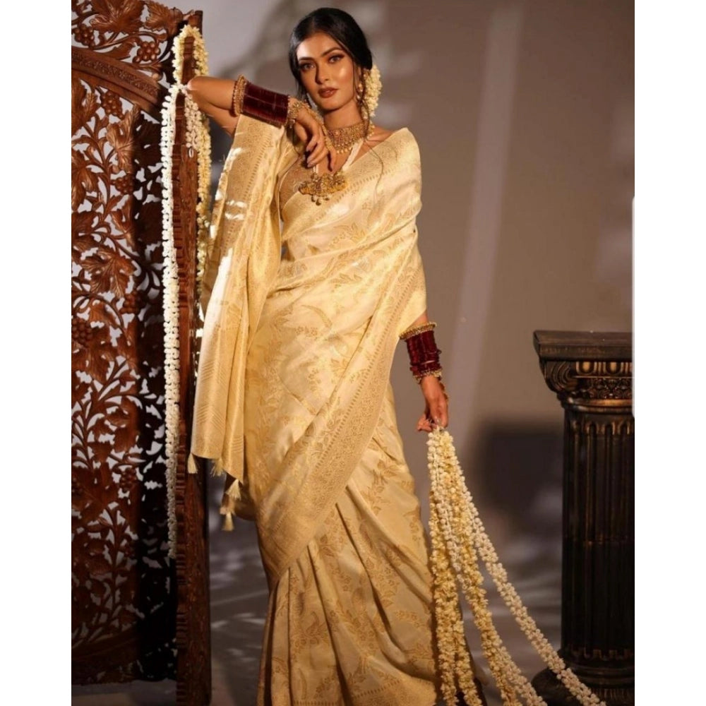 Women's Soft Lichi Silk Printed Saree With Unstitched Blouse 5.5 Mtr (Golden)