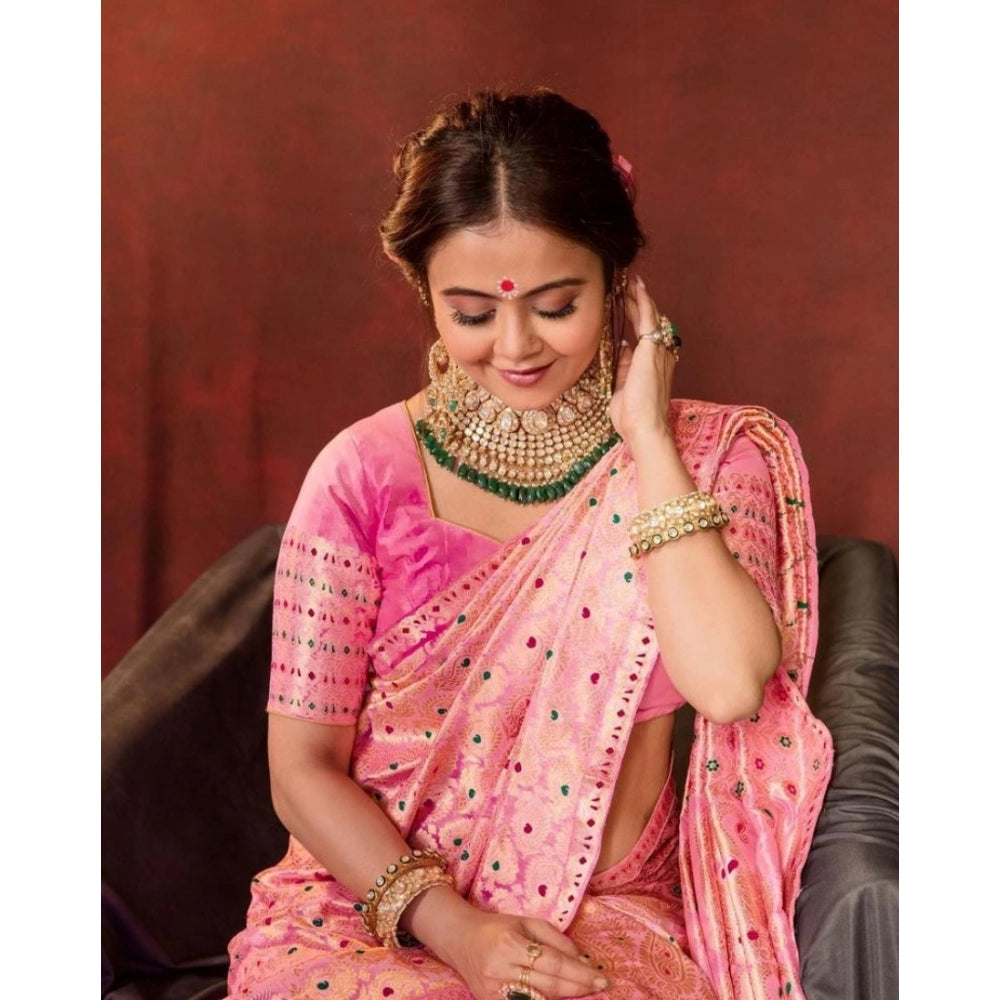 Women's Soft Lichi Silk Printed Saree With Unstitched Blouse 5.5 Mtr (Pink)