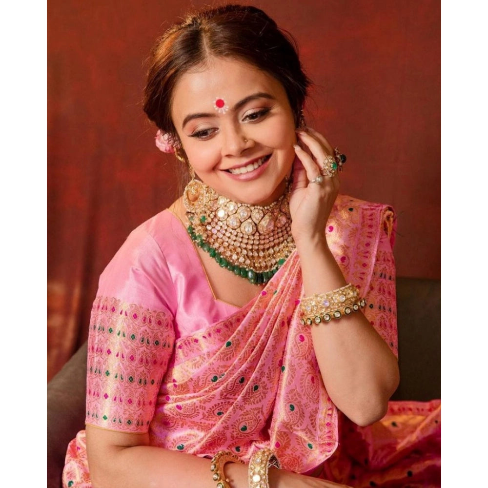Women's Soft Lichi Silk Printed Saree With Unstitched Blouse 5.5 Mtr (Pink)
