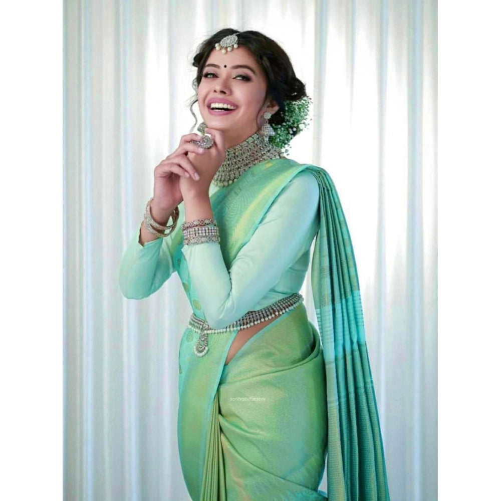 Women's Soft Lichi Silk Printed Saree With Unstitched Blouse 5.5 Mtr (Light Green)