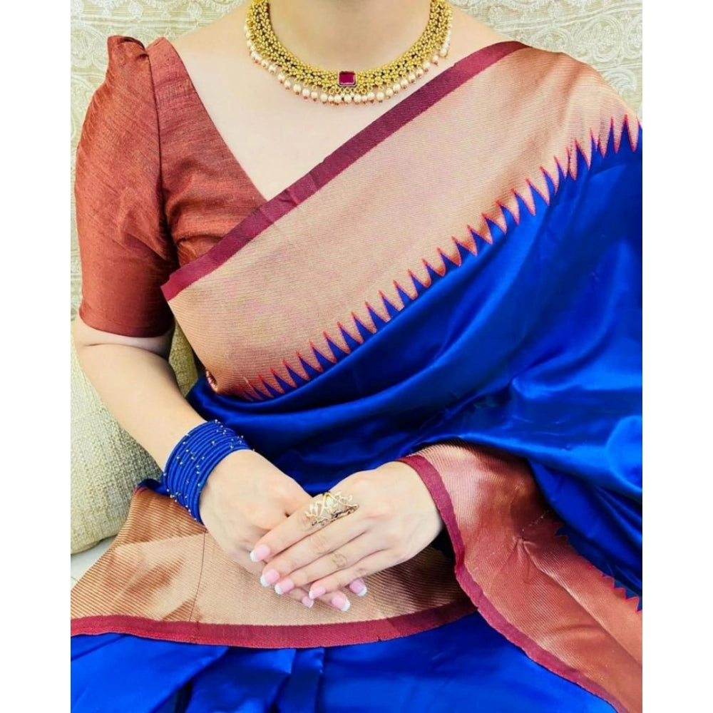 Women's Soft Lichi Silk Solid Saree With Unstitched Blouse 5.5 Mtr (Blue)