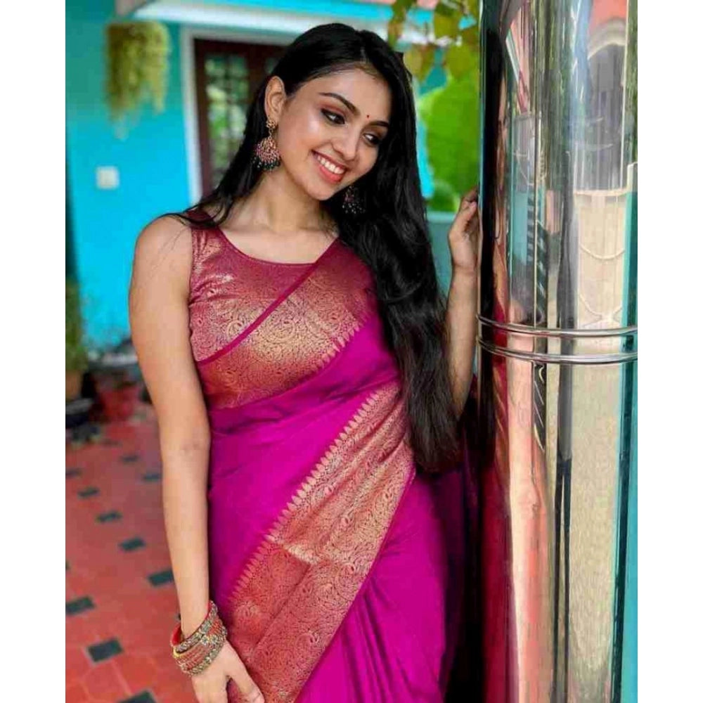 Women's Soft Lichi Silk Solid Saree With Unstitched Blouse 5.5 Mtr (Pink)