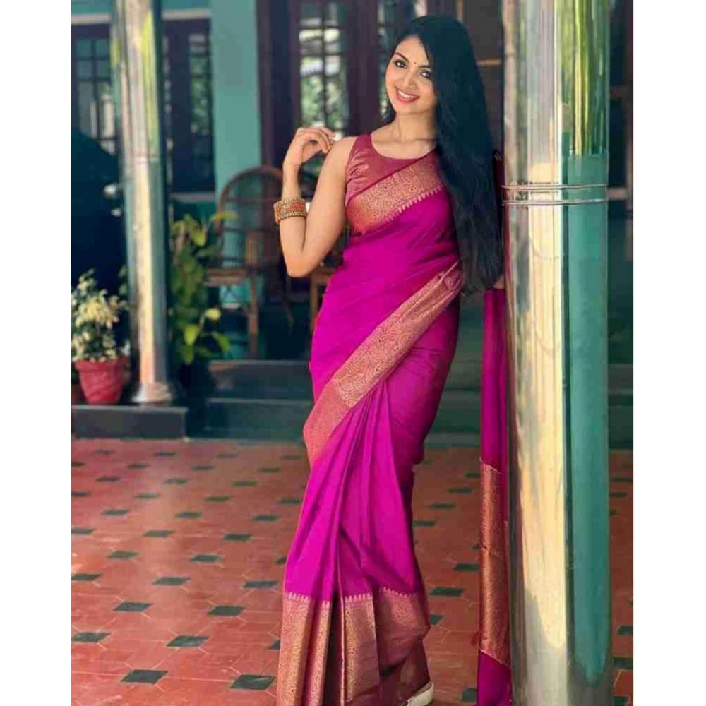 Women's Soft Lichi Silk Solid Saree With Unstitched Blouse 5.5 Mtr (Pink)