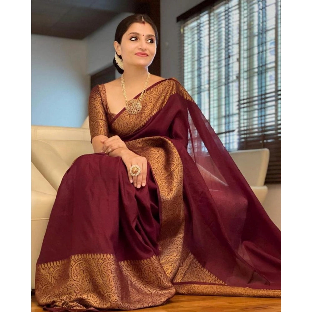 Women's Soft Lichi Silk Solid Saree With Unstitched Blouse 5.5 Mtr (Maroon)