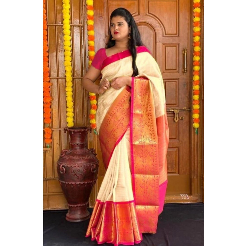 Women's Soft Lichi Silk Printed Saree With Unstitched Blouse 5.5 Mtr (Cream)