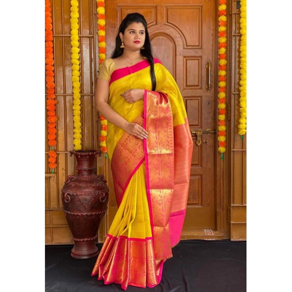 Women's Soft Lichi Silk Printed Saree With Unstitched Blouse 5.5 Mtr (Yellow)