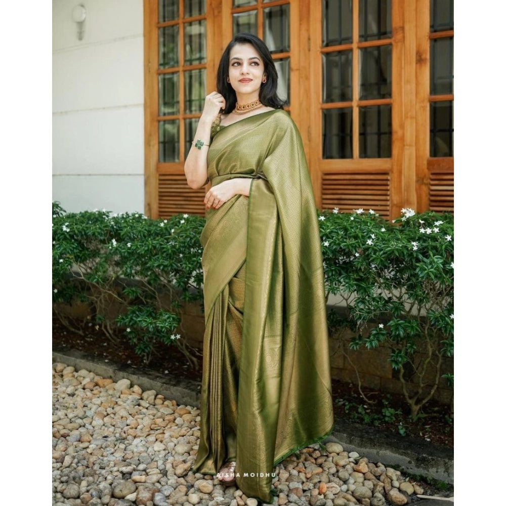 Women's Soft Lichi Silk Printed Saree With Unstitched Blouse 5.5 Mtr (Green)
