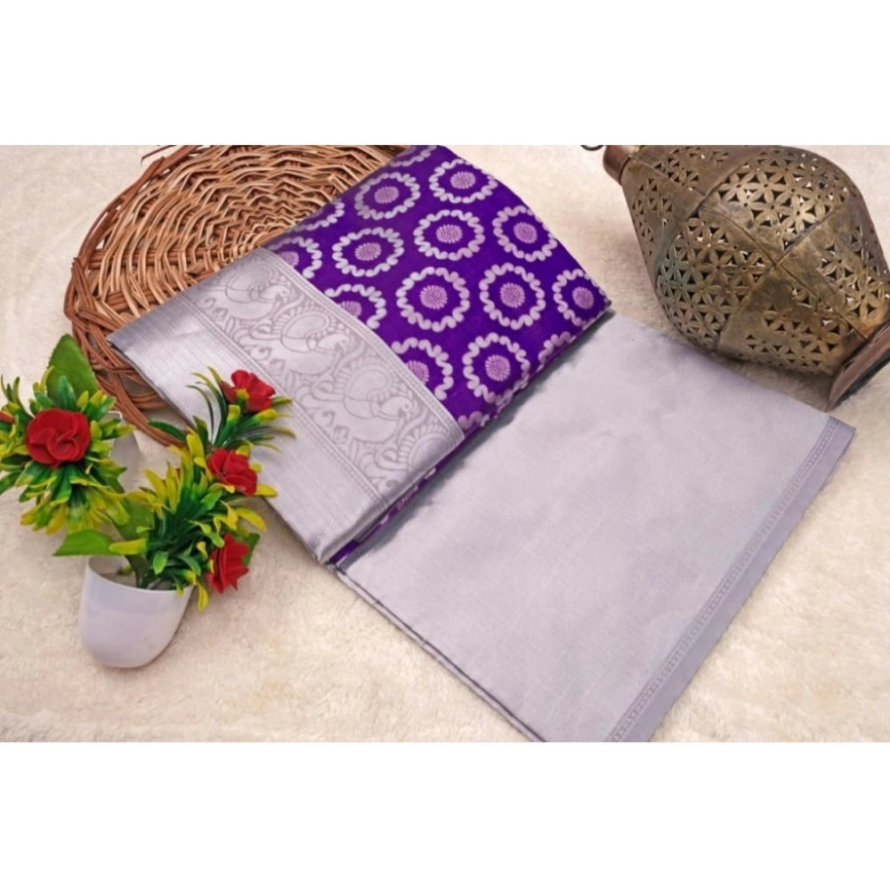Women's Soft Lichi Silk Printed Saree With Unstitched Blouse 5.5 Mtr (Purple)