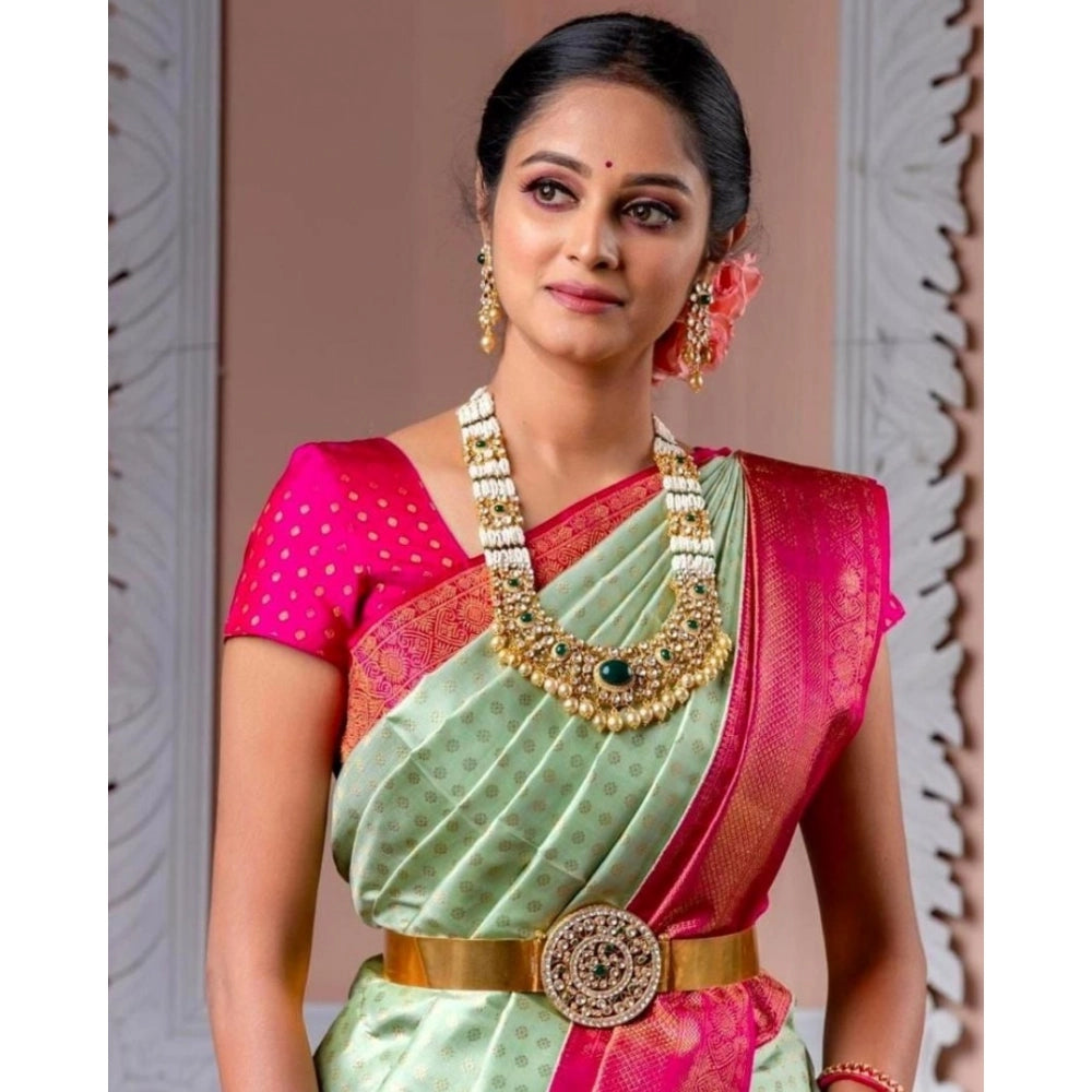 Women's Soft Lichi Silk Printed Saree With Unstitched Blouse 5.5 Mtr (Light Green)