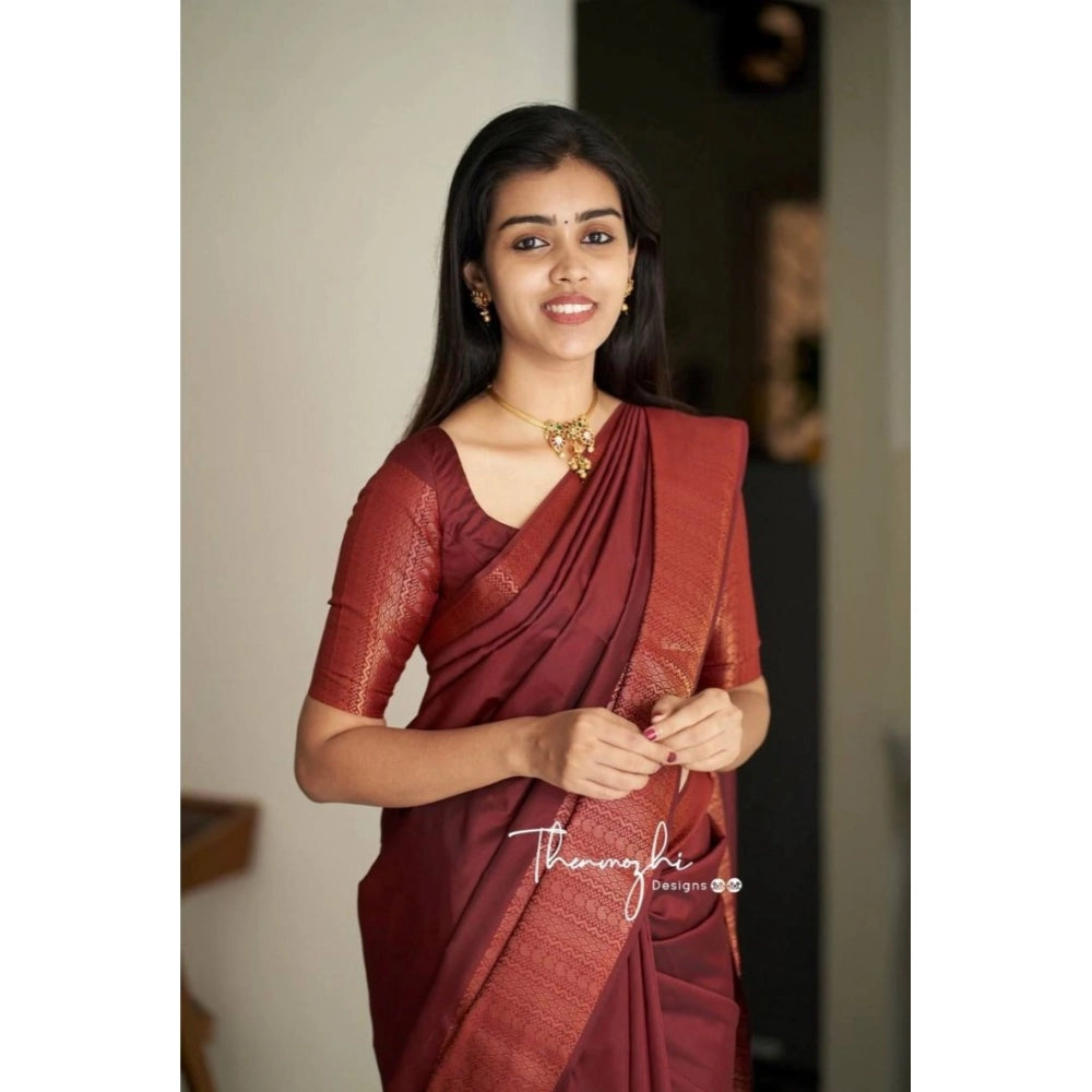 Women's Soft Lichi Silk Solid Saree With Unstitched Blouse 5.5 Mtr (Maroon)