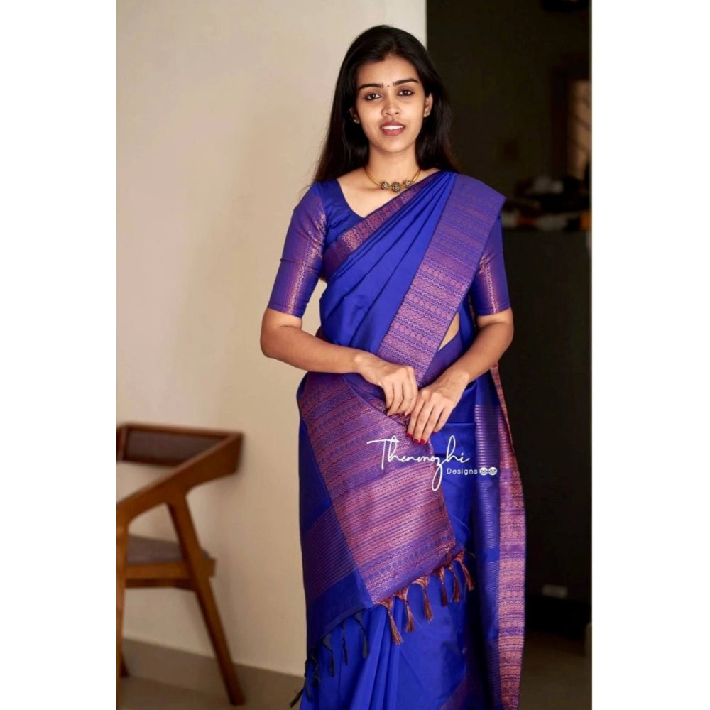Women's Soft Lichi Silk Solid Saree With Unstitched Blouse 5.5 Mtr (Blue)