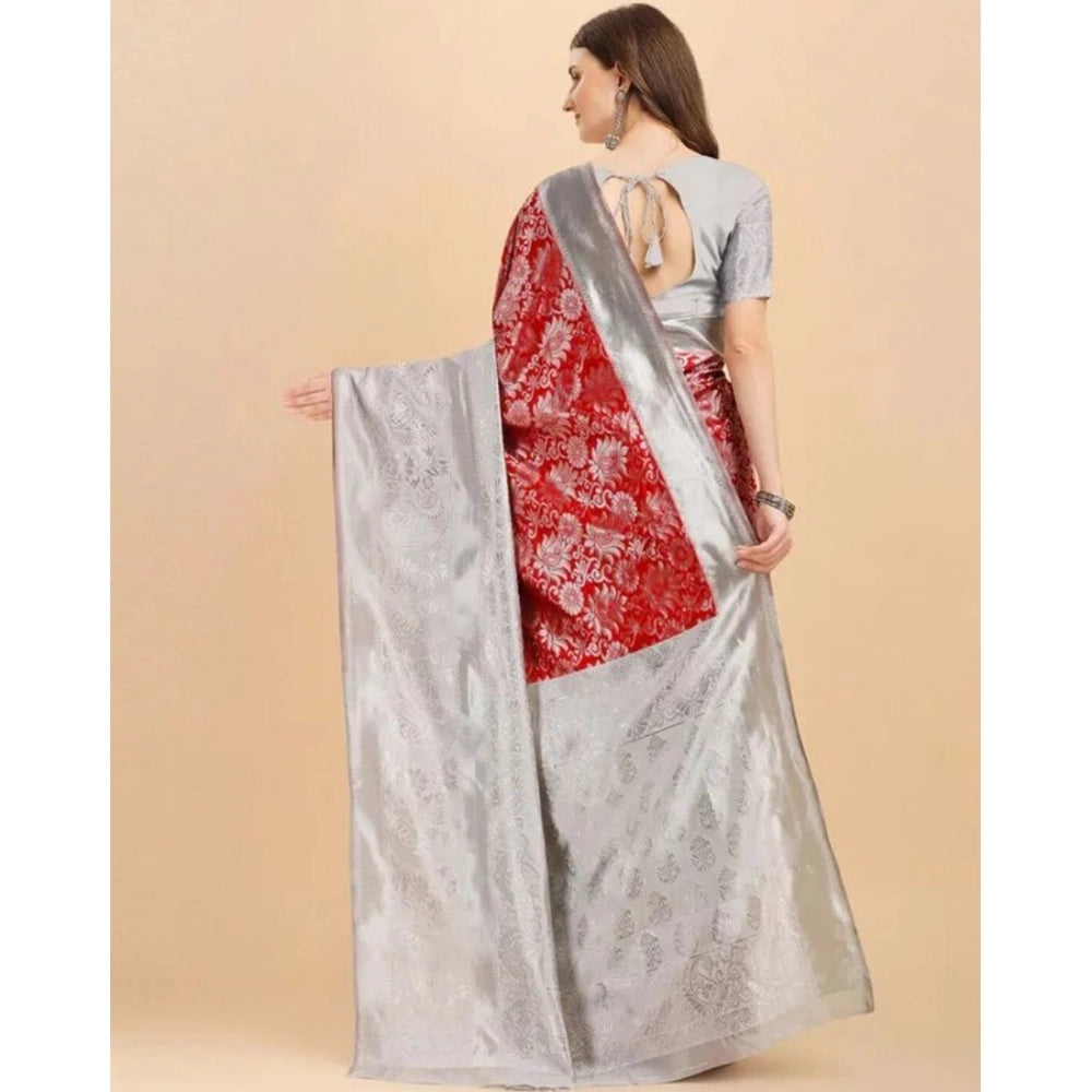 Women's Soft Lichi Silk Printed Saree With Unstitched Blouse 5.5 Mtr (Red)