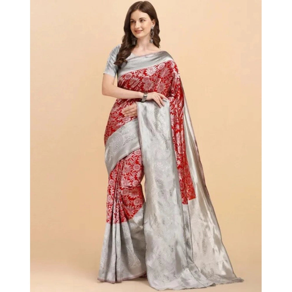 Women's Soft Lichi Silk Printed Saree With Unstitched Blouse 5.5 Mtr (Red)