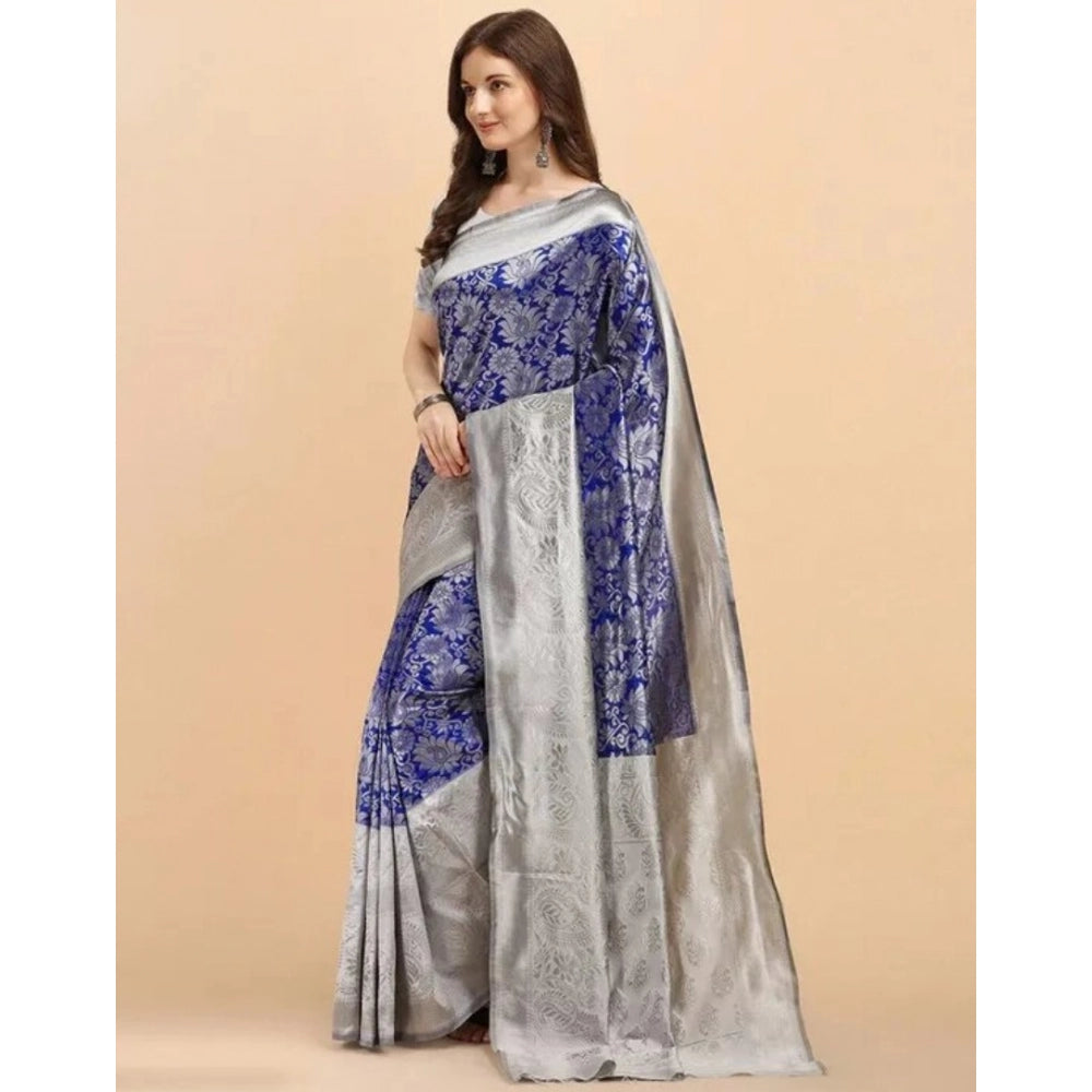 Women's Soft Lichi Silk Printed Saree With Unstitched Blouse 5.5 Mtr (Blue)