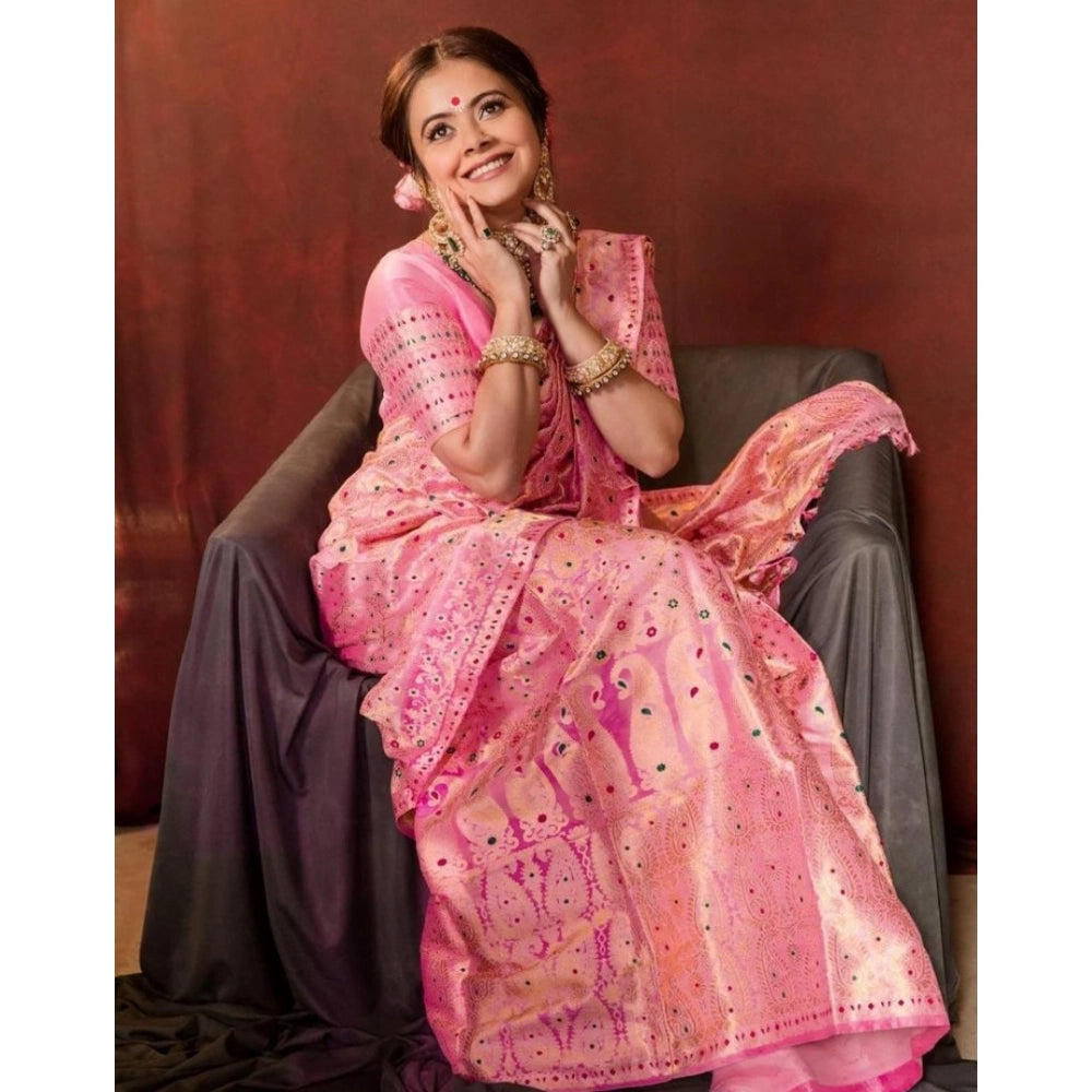 Women's Soft Lichi Silk Printed Saree With Unstitched Blouse 5.5 Mtr (Pink)