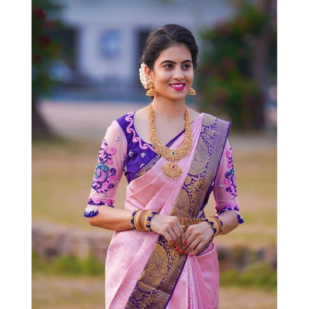 Women's Soft Lichi Silk Printed Saree With Unstitched Blouse 5.5 Mtr (Purple)