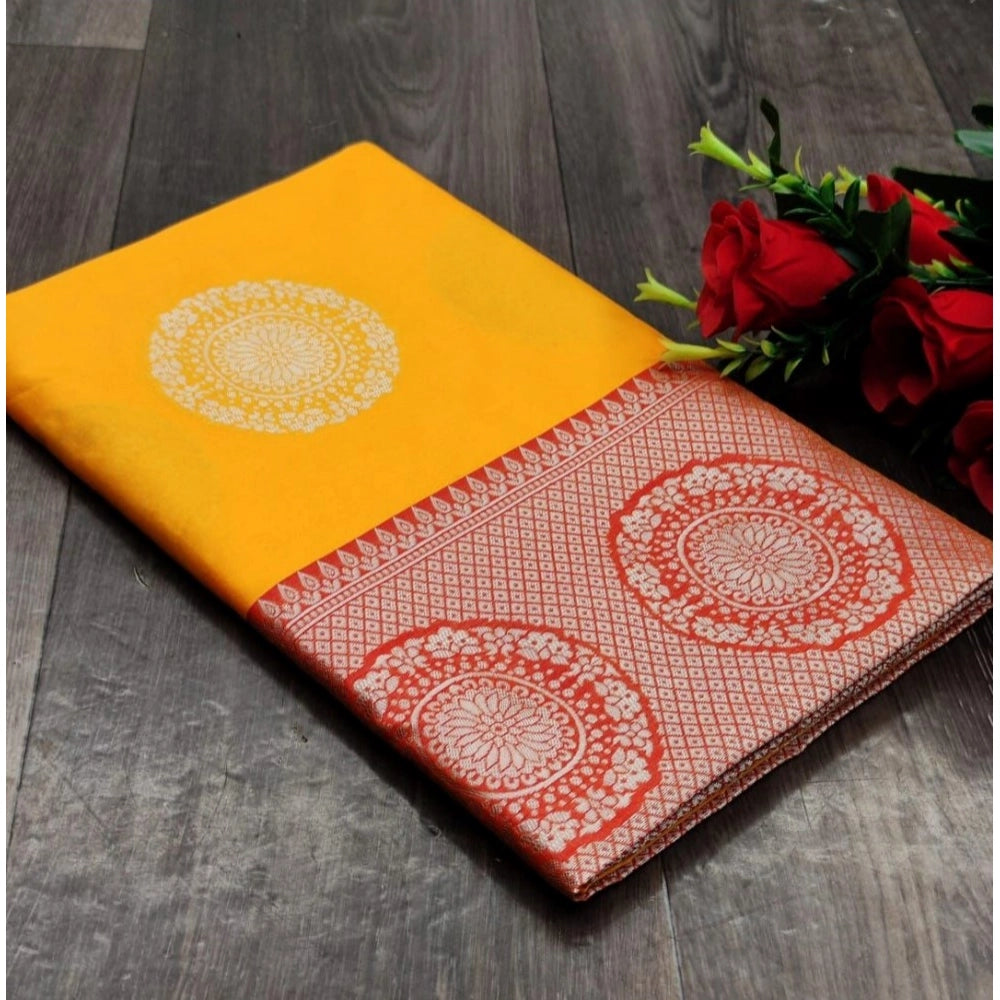 Women's Soft Lichi Silk Printed Saree With Unstitched Blouse 5.5 Mtr (Yellow)