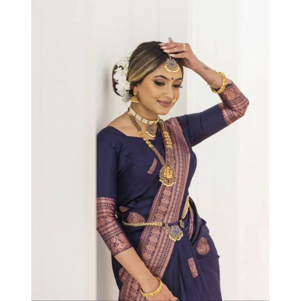Women's Soft Lichi Silk Printed Saree With Unstitched Blouse 5.5 Mtr (Navy Blue)