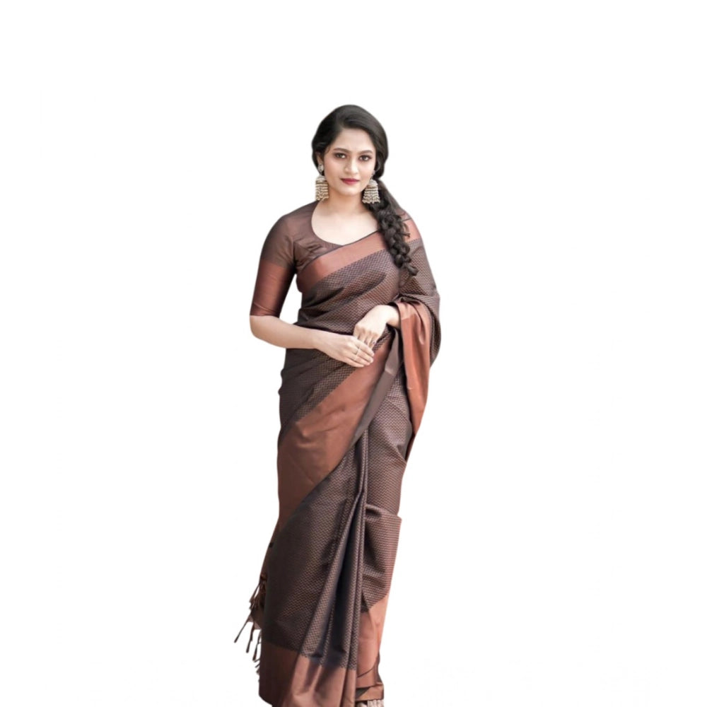 Women's Soft Lichi Silk Printed Saree With Unstitched Blouse 5.5 Mtr (Brown)