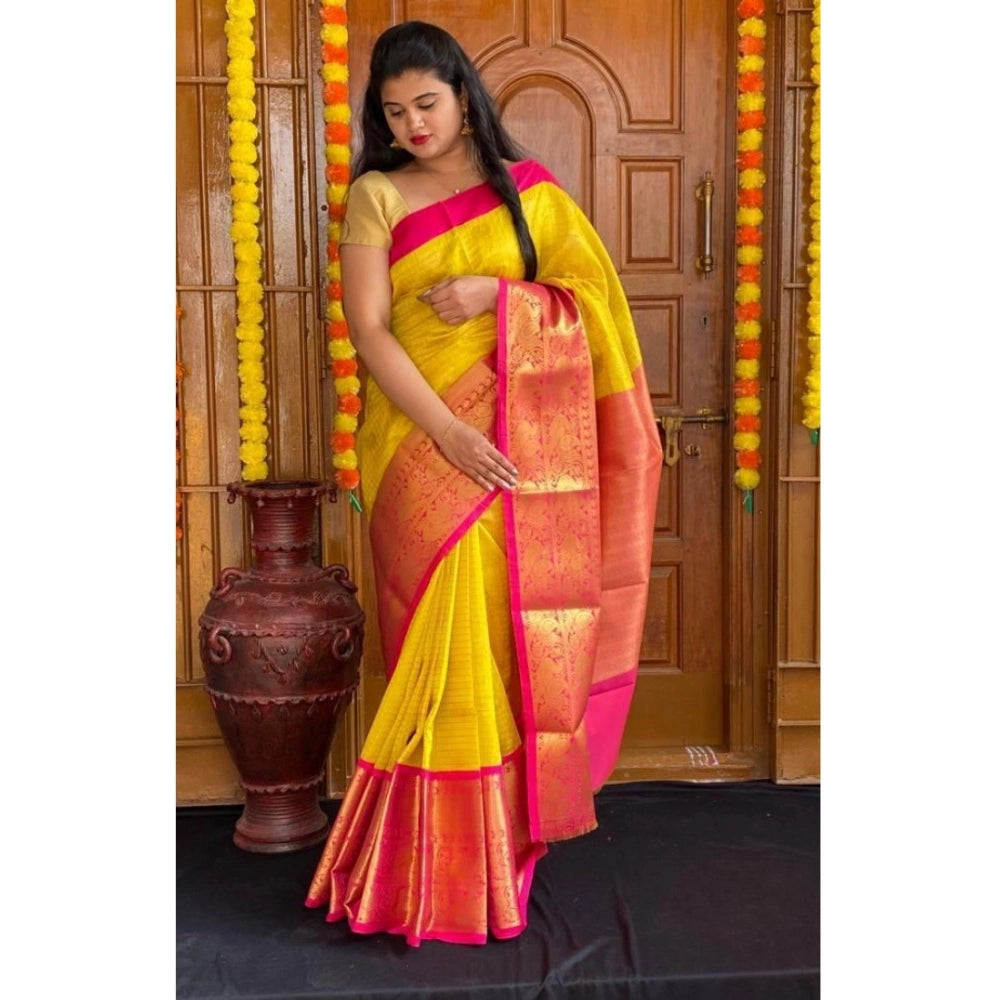 Women's Soft Lichi Silk Printed Saree With Unstitched Blouse 5.5 Mtr (Yellow)