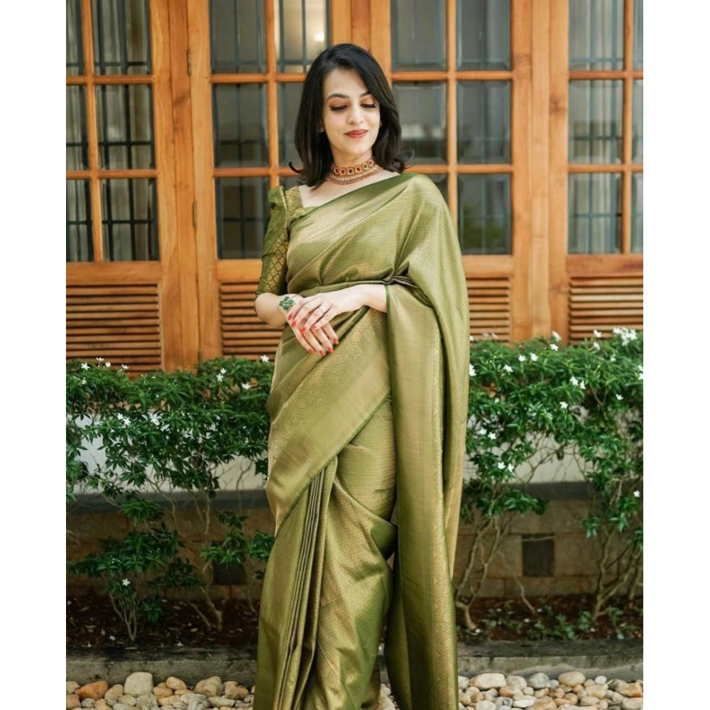 Women's Soft Lichi Silk Printed Saree With Unstitched Blouse 5.5 Mtr (Green)