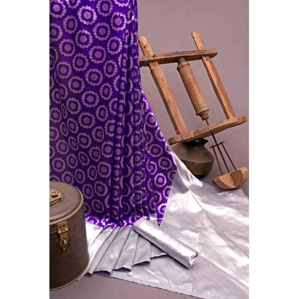 Women's Soft Lichi Silk Printed Saree With Unstitched Blouse 5.5 Mtr (Purple)