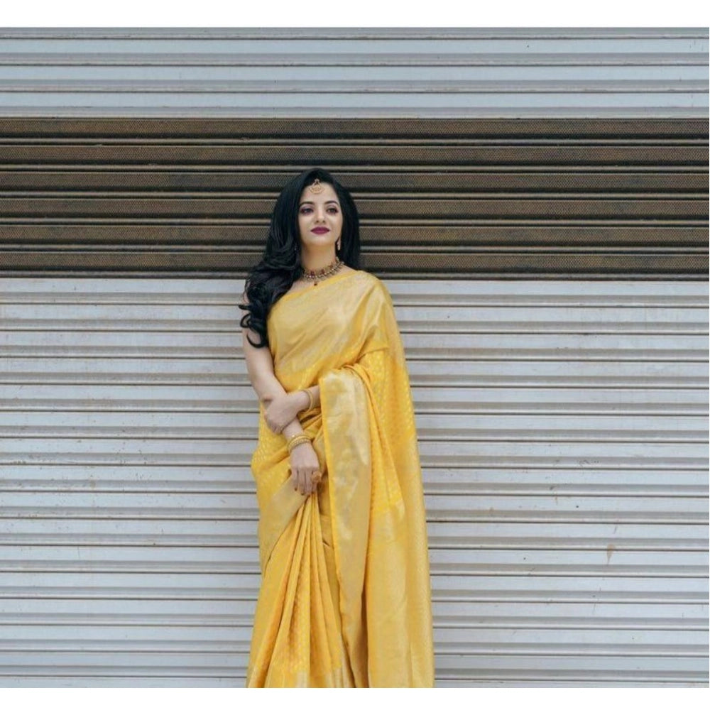 Women's Soft Lichi Silk Printed Saree With Unstitched Blouse 5.5 Mtr (Yellow)