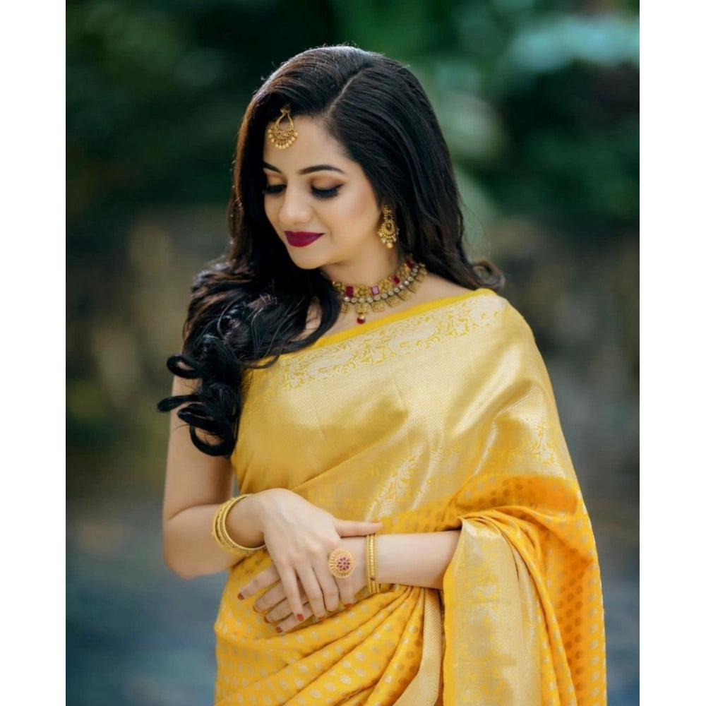 Women's Soft Lichi Silk Printed Saree With Unstitched Blouse 5.5 Mtr (Yellow)