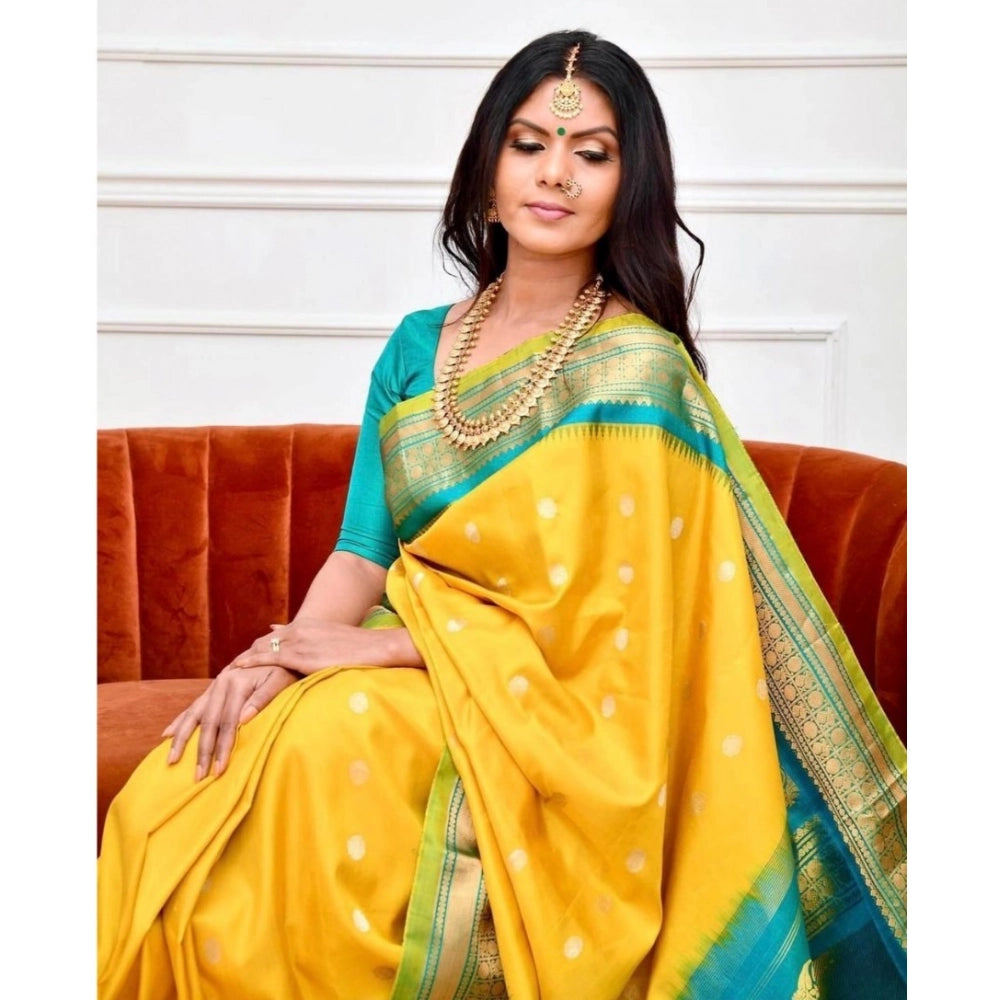 Women's Soft Lichi Silk Printed Saree With Unstitched Blouse 5.5 Mtr (Yellow)