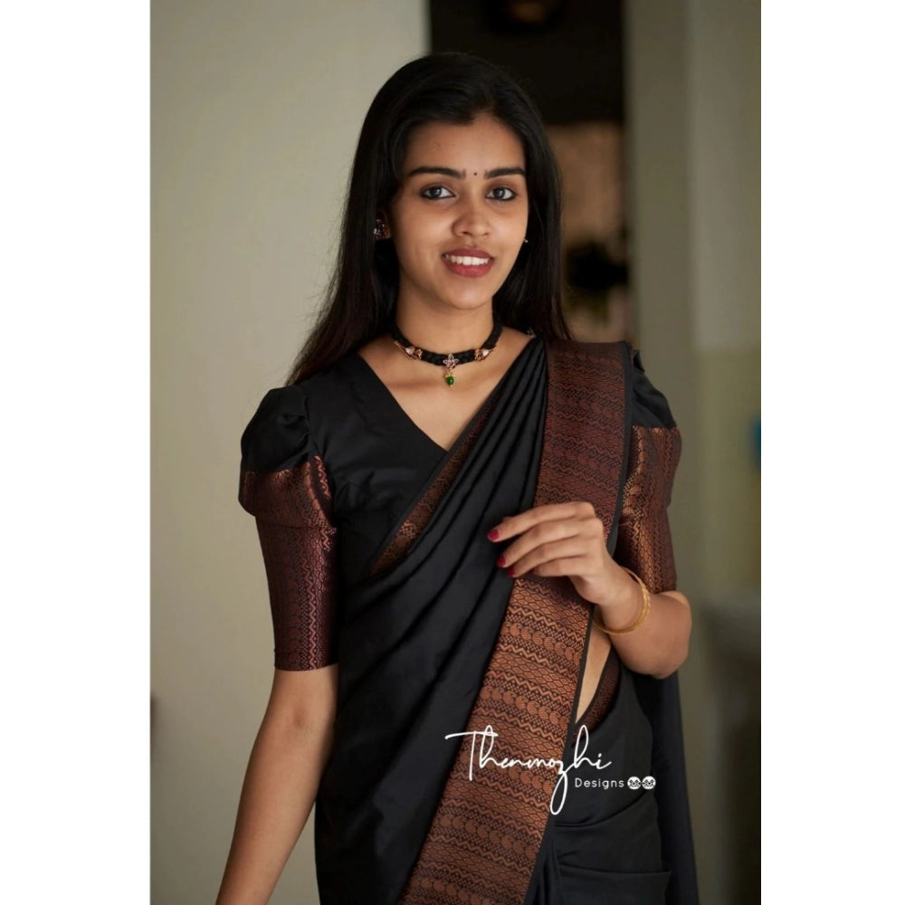 Women's Soft Lichi Silk Solid Saree With Unstitched Blouse 5.5 Mtr (Black)