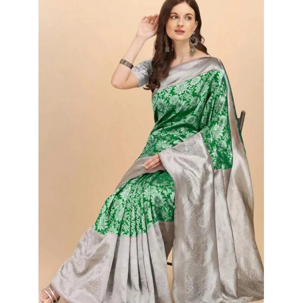 Women's Soft Lichi Silk Printed Saree With Unstitched Blouse 5.5 Mtr (Green)