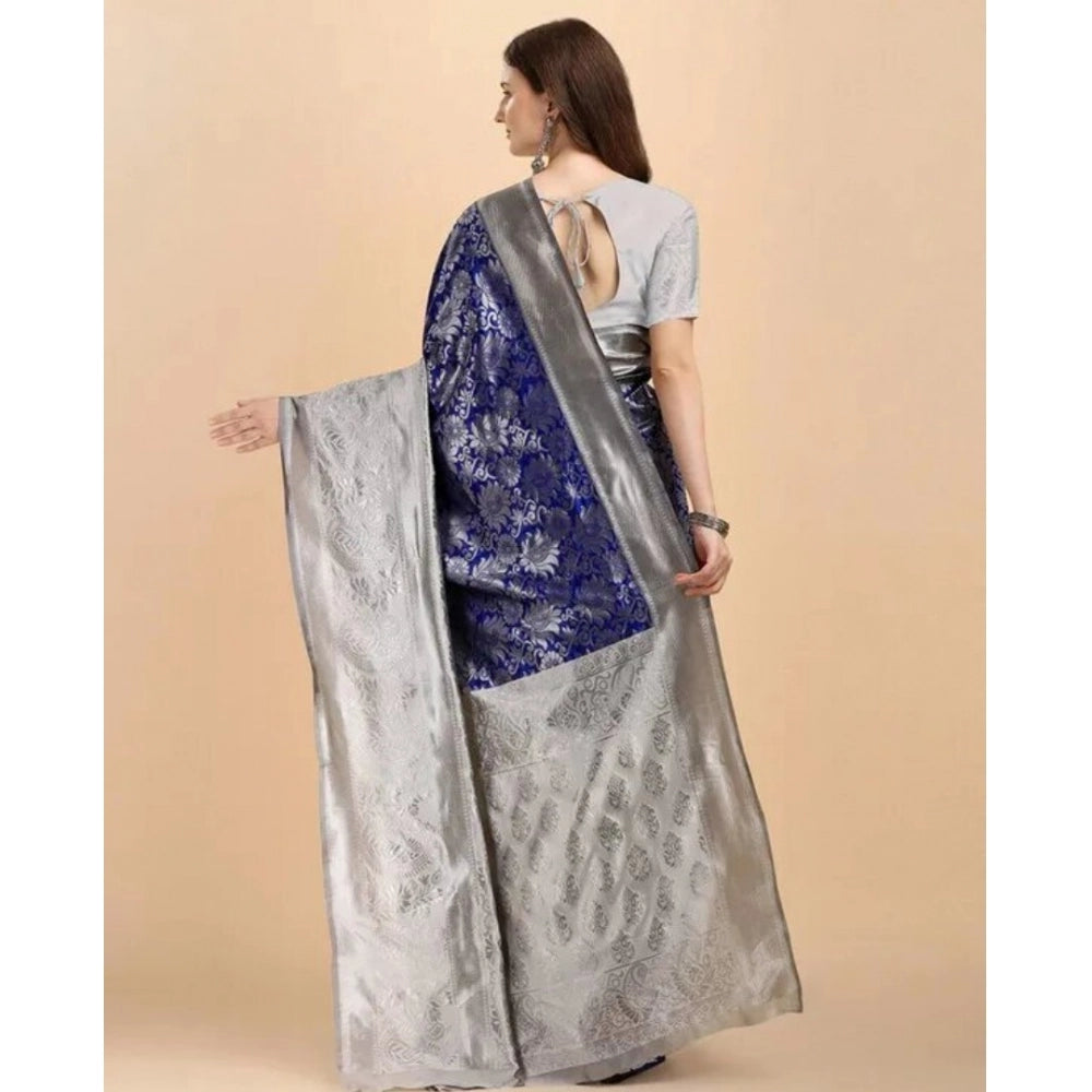 Women's Soft Lichi Silk Printed Saree With Unstitched Blouse 5.5 Mtr (Blue)