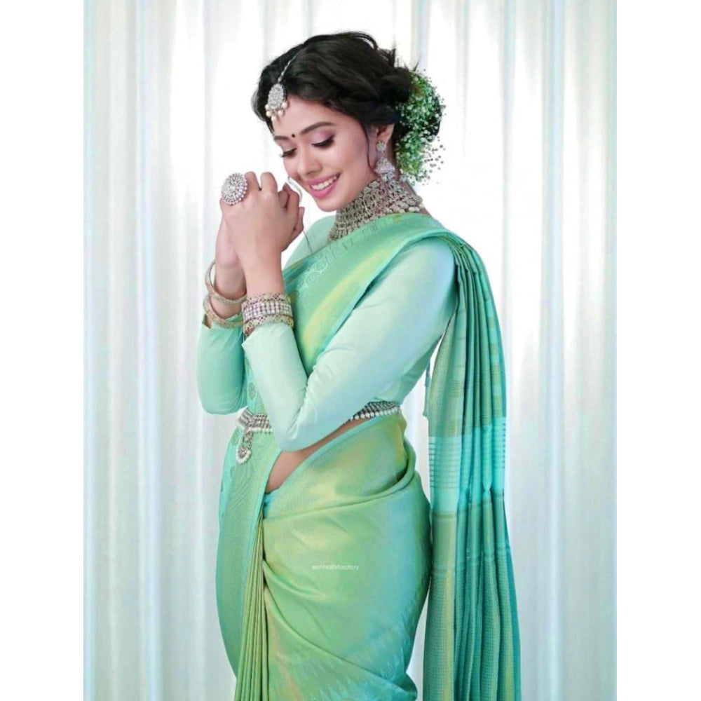 Women's Soft Lichi Silk Printed Saree With Unstitched Blouse 5.5 Mtr (Light Green)