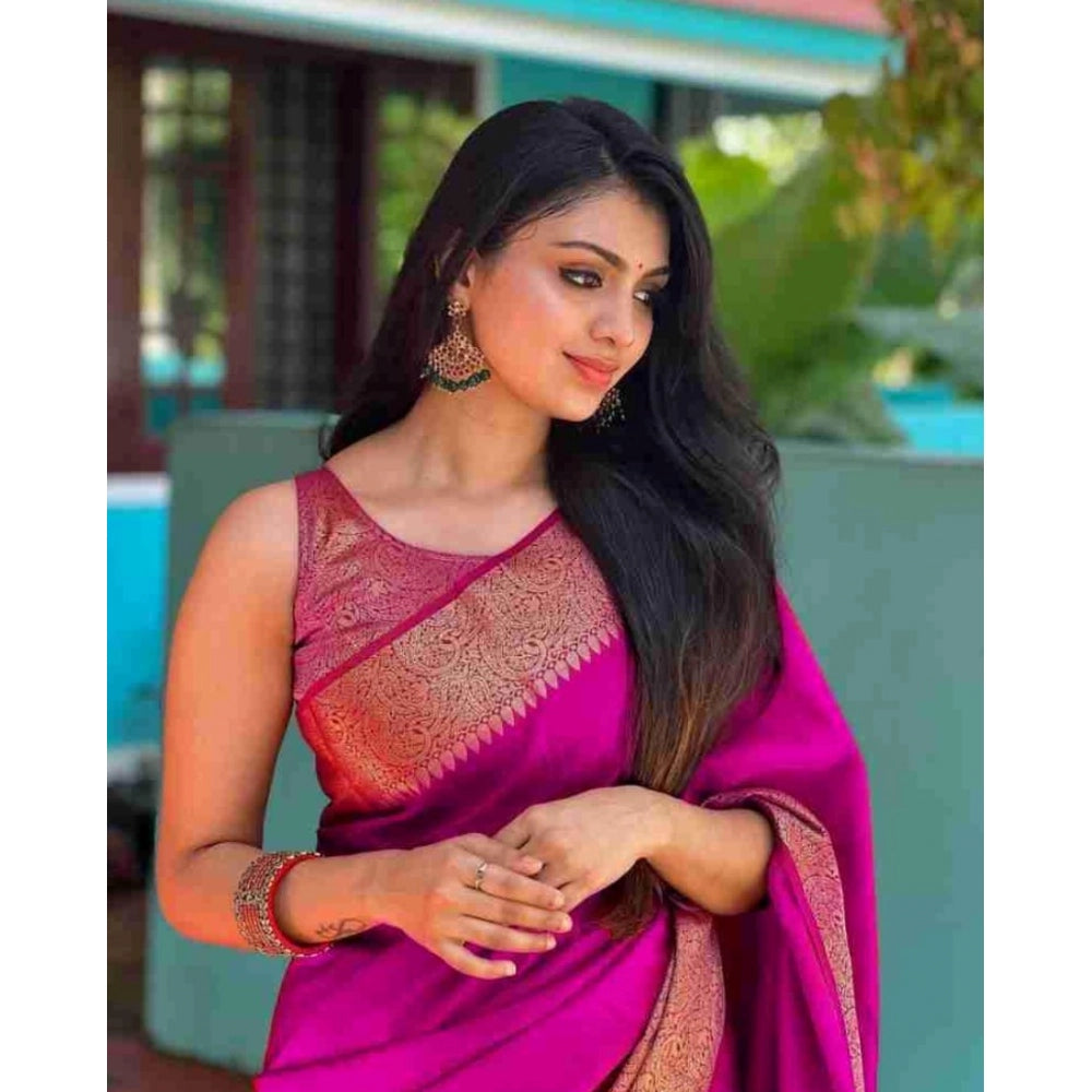 Women's Soft Lichi Silk Solid Saree With Unstitched Blouse 5.5 Mtr (Pink)