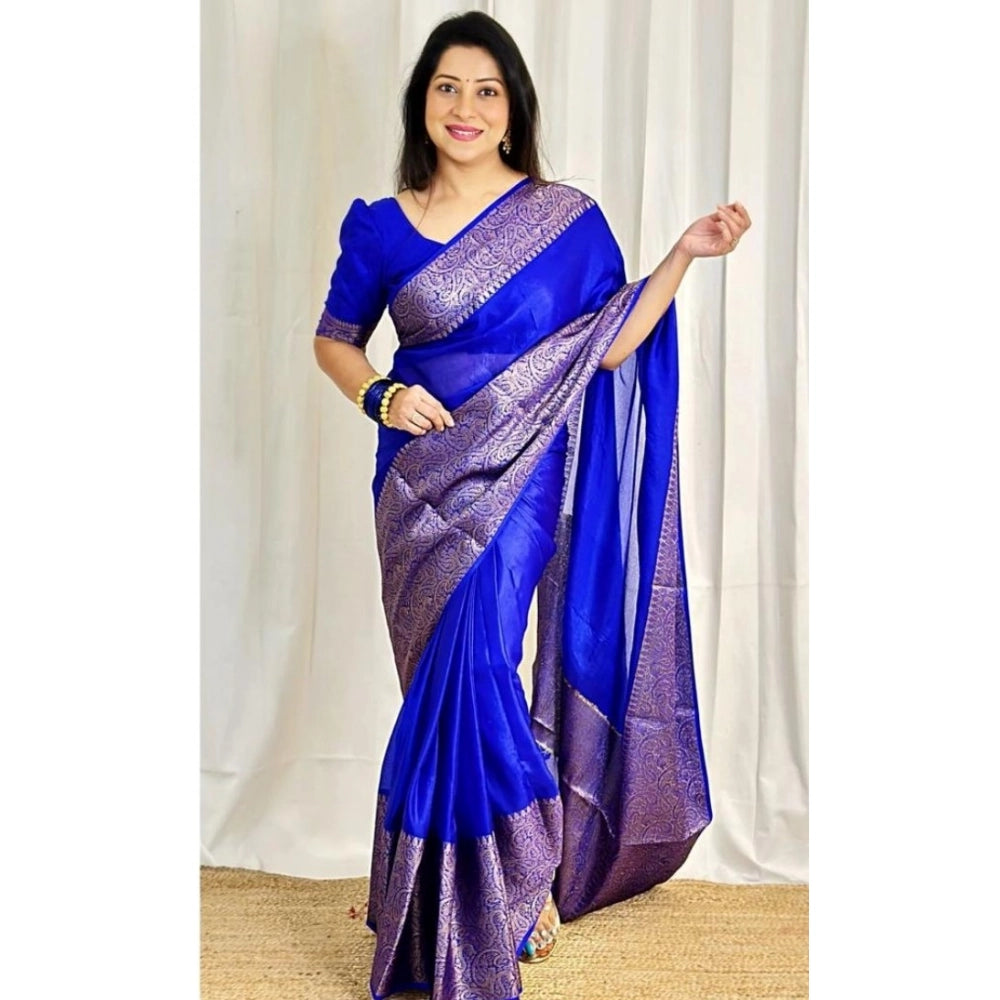 Women's Soft Lichi Silk Solid Saree With Unstitched Blouse 5.5 Mtr (Blue)