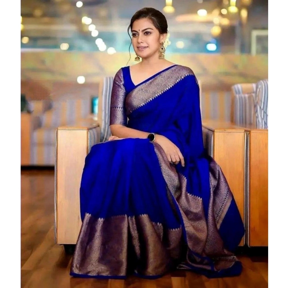 Women's Soft Lichi Silk Solid Saree With Unstitched Blouse 5.5 Mtr (Blue)