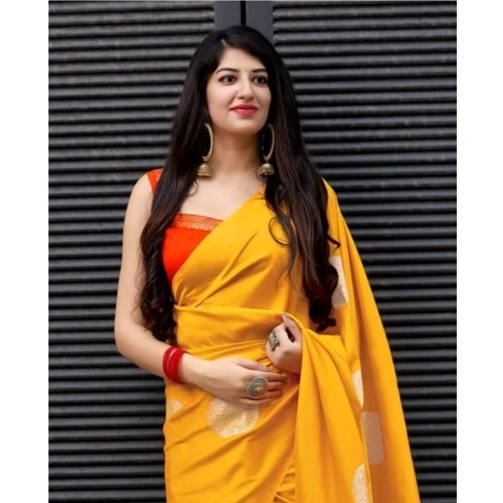 Women's Soft Lichi Silk Printed Saree With Unstitched Blouse 5.5 Mtr (Yellow)