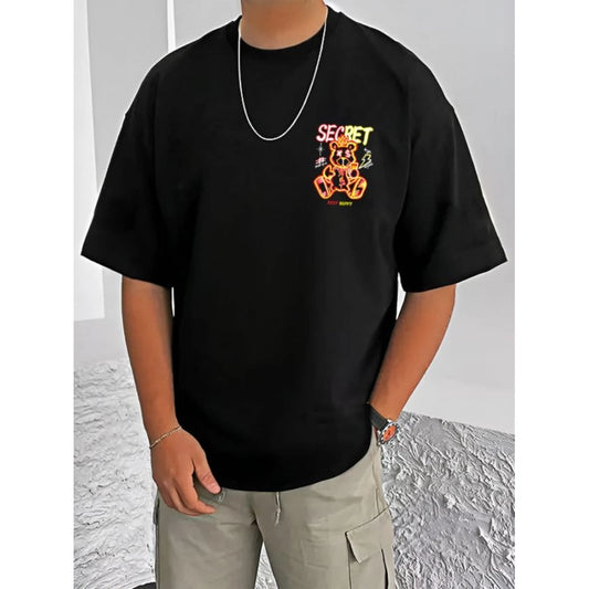 Printed Cotton Blend Round Neck Half Sleeve T-Shirt for Men (Style 4) - Black - POPNOVA - photo 1