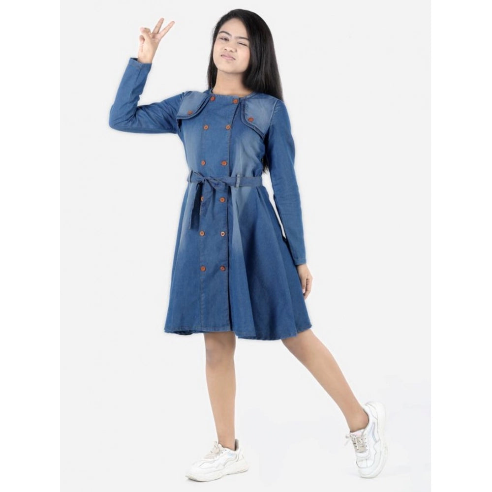 Girl's Denim Solid Long Sleeve Round Neck Dress - Blue