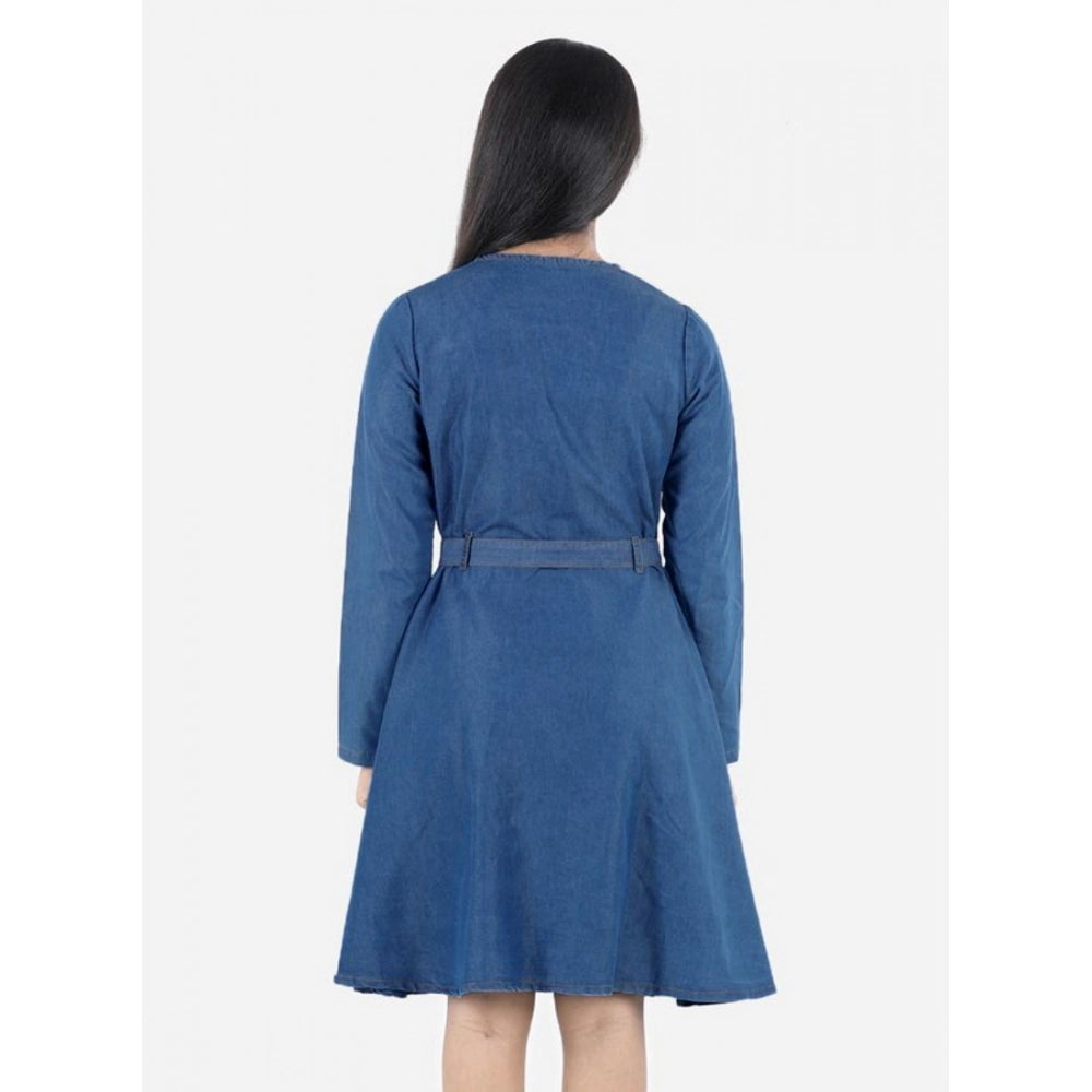 Girl's Denim Solid Long Sleeve Round Neck Dress - Blue
