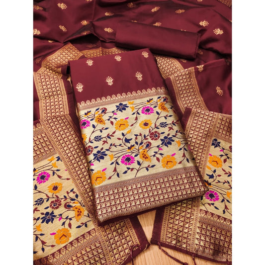 Generic Women's Banarasi Silk Printed Unstitched Salwar Suit Material With Dupatta (Maroon, 3Mtrs)