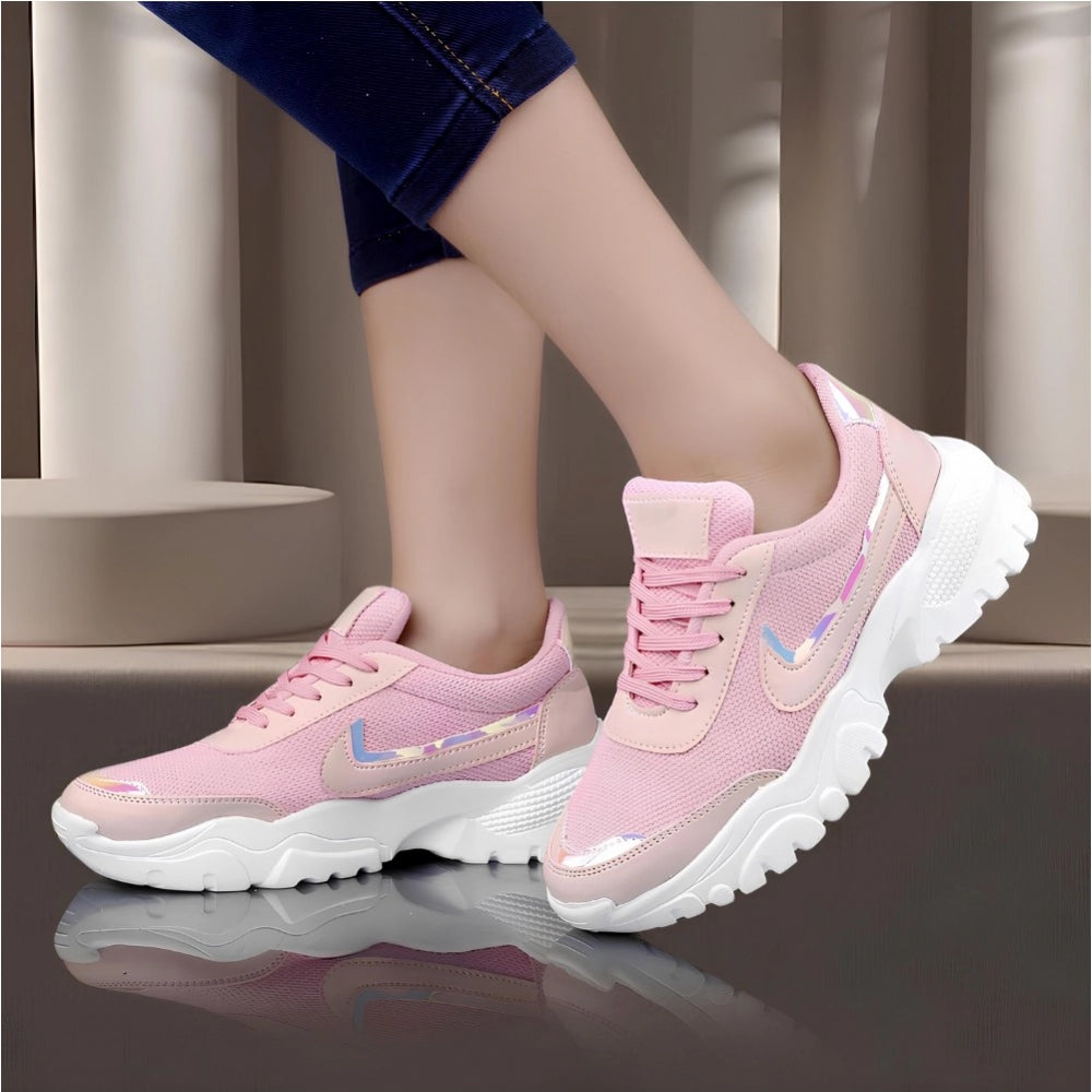 Women's Casual Mesh Printed Lace-Ups Shoes (Pink) - POPNOVA