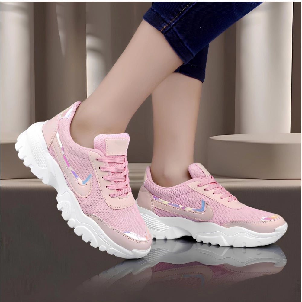 Women's Casual Mesh Printed Lace-Ups Shoes (Pink) - POPNOVA