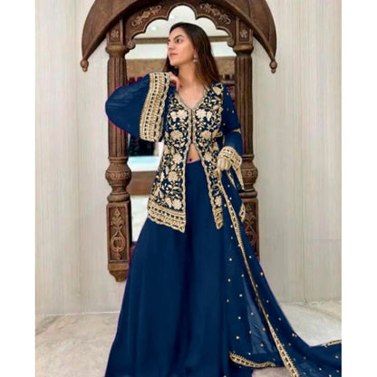 Women's Georgette Embroidery 3-4th Sleeve V-Neck Kurti, Palazzo And Dupatta Set (Morpich) - POPNOVA
