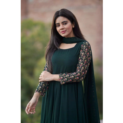 Women's Georgette Embroidery 3-4th Sleeve Round Neck Kurti with Dupatta Set (Green) - POPNOVA