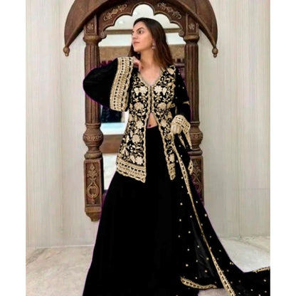 Women's Georgette Embroidery 3-4th Sleeve V-Neck Kurti, Palazzo And Dupatta Set (Black) - POPNOVA