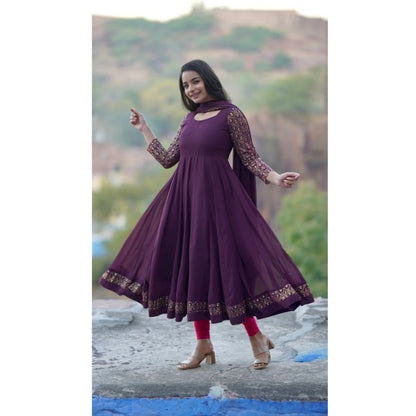 Women's Georgette Embroidery 3-4th Sleeve Round Neck Kurti with Dupatta Set (Wine) - POPNOVA