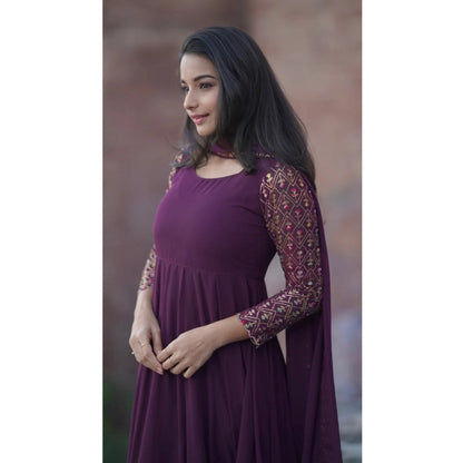 Women's Georgette Embroidery 3-4th Sleeve Round Neck Kurti with Dupatta Set (Wine) - POPNOVA